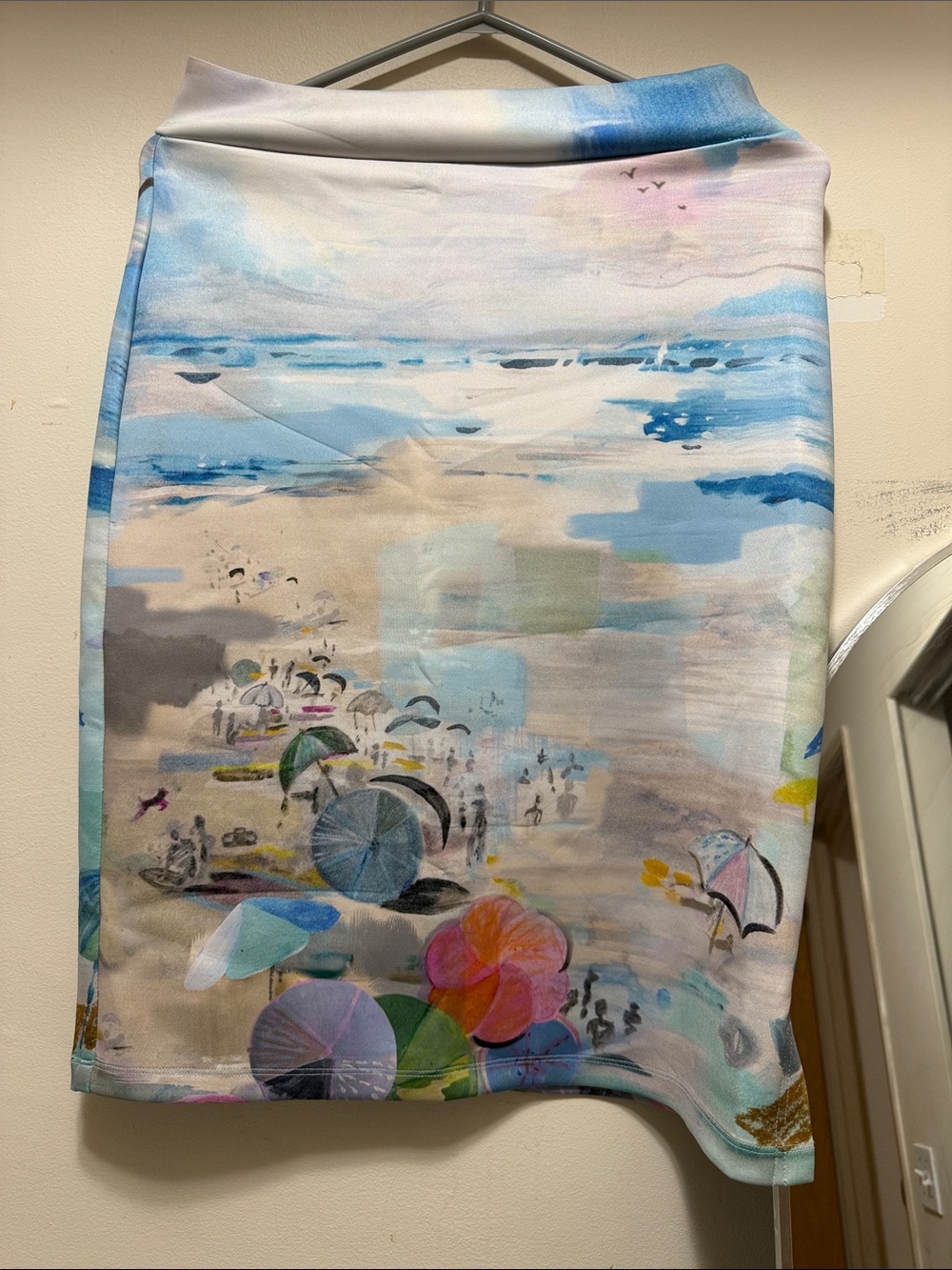 Pastel Beach-Print Pencil Skirt in Light Blue and Multi
